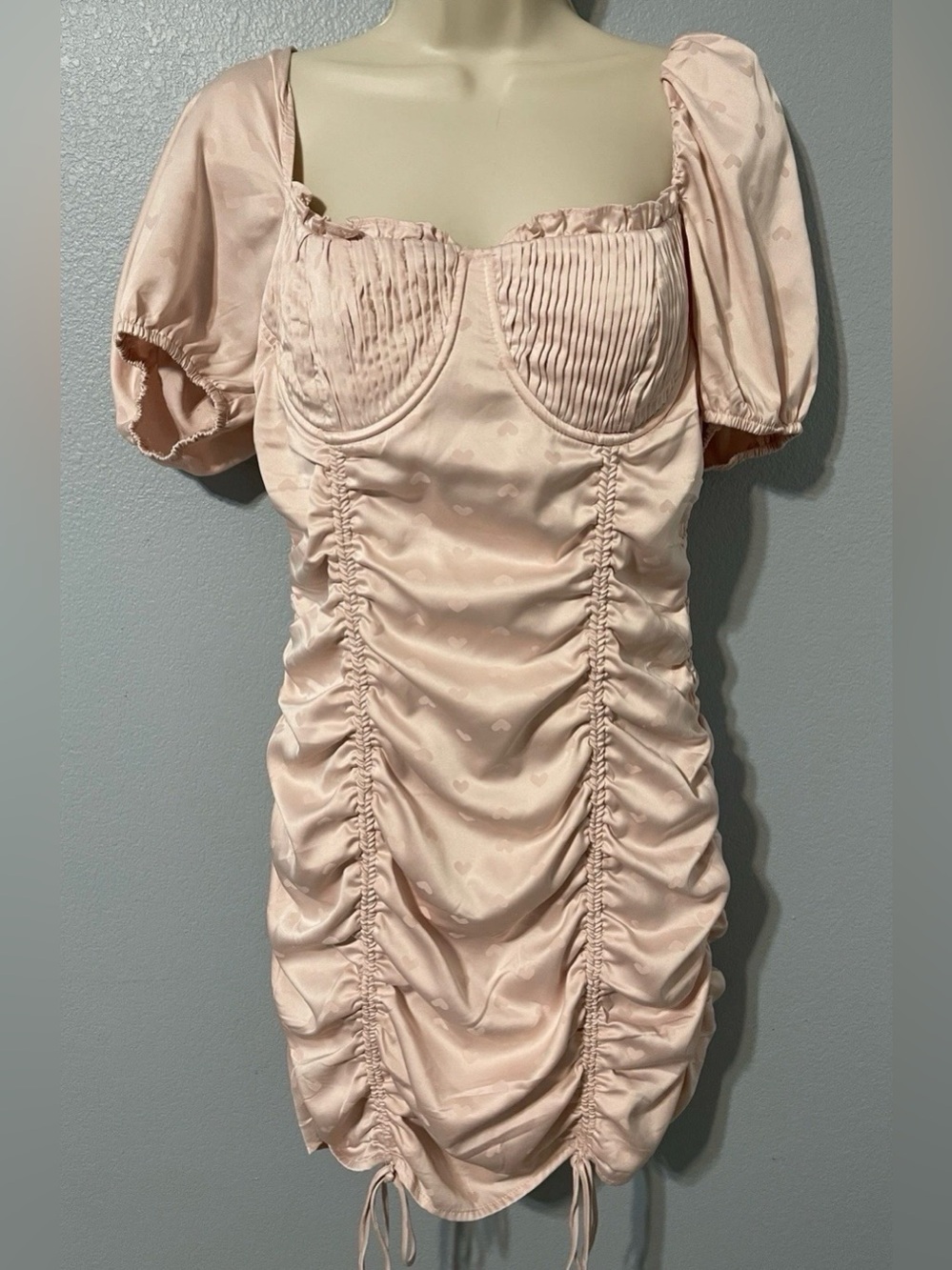 Storia Pink Satin Ruched Mini Dress Puff Sleeve Sweetheart Bustier Party Large